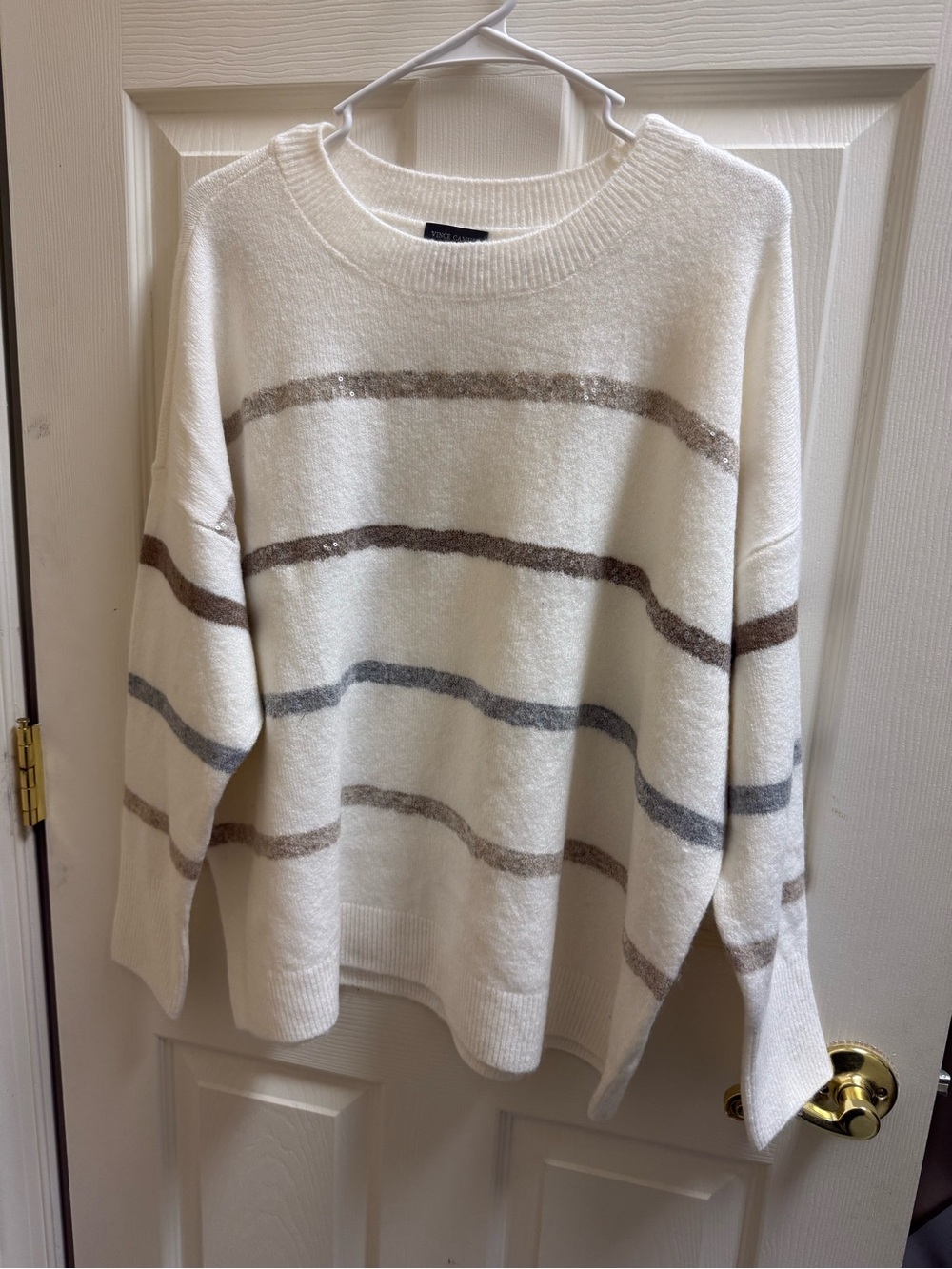 Vince Camuto Cream Sweater with Taupe and Gray Stripes